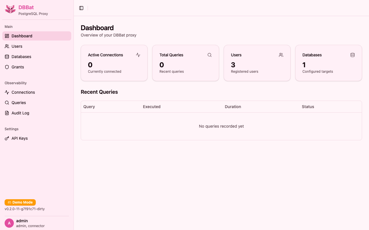 Dashboard showing recent connections and activity