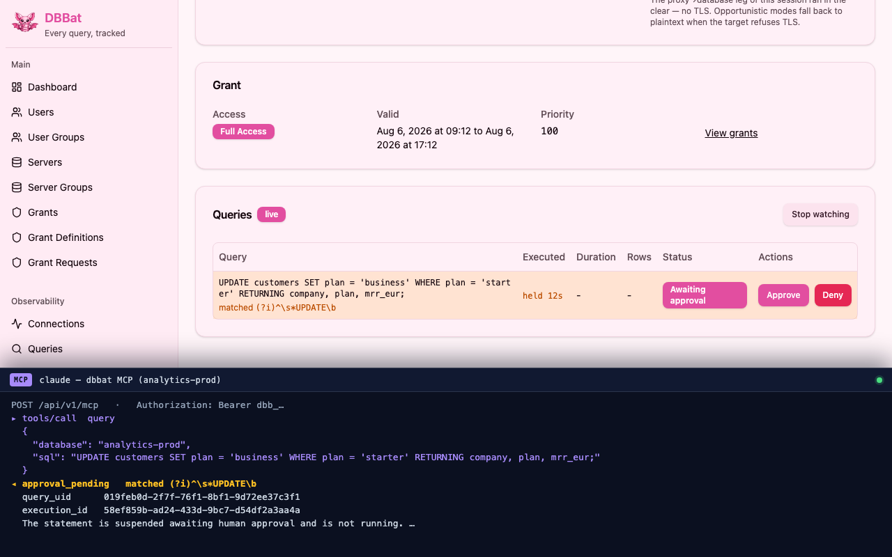 An AI agent's UPDATE parked awaiting approval, with the agent's MCP transcript showing the approval_pending result it got back