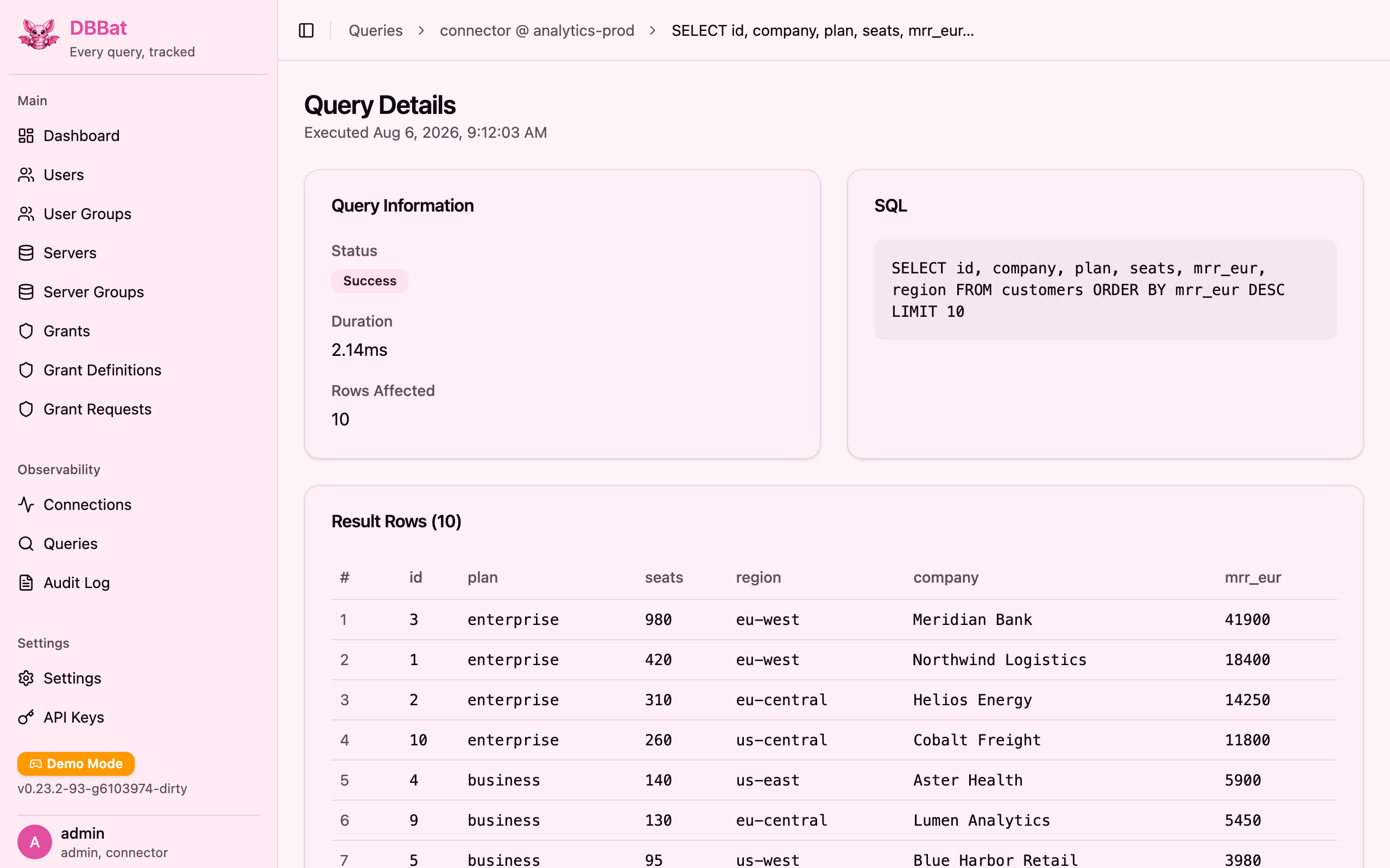 A query detail page showing the SQL, its duration, its row count and the ten result rows it returned